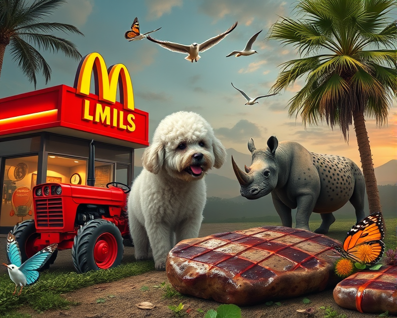 mcdonalds, frankenstein, poodle, feather, ferret, tractor, butterfly, pistachio, rhino, cheetah, palm tree, steak, seagull